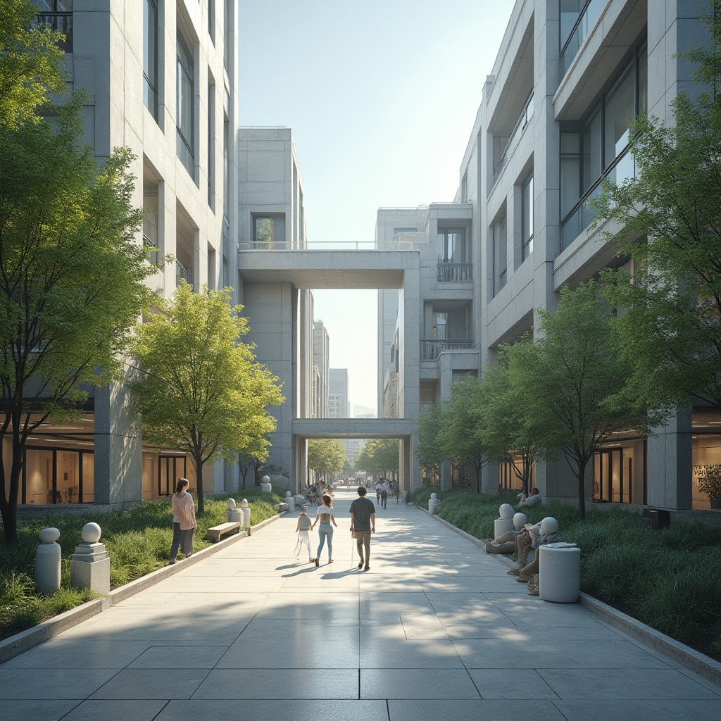 Prompt: Modern university campus, structuralist architecture style, grand entrance gate, steel and glass material, geometric shapes, minimalist design, clean lines, open spaces, natural light pouring in, students walking and chatting, greenery surrounding the buildings, modern sculptures, concrete pavement, sunny day, high-angle shot, 3/4 composition, soft contrast, cinematic mood.