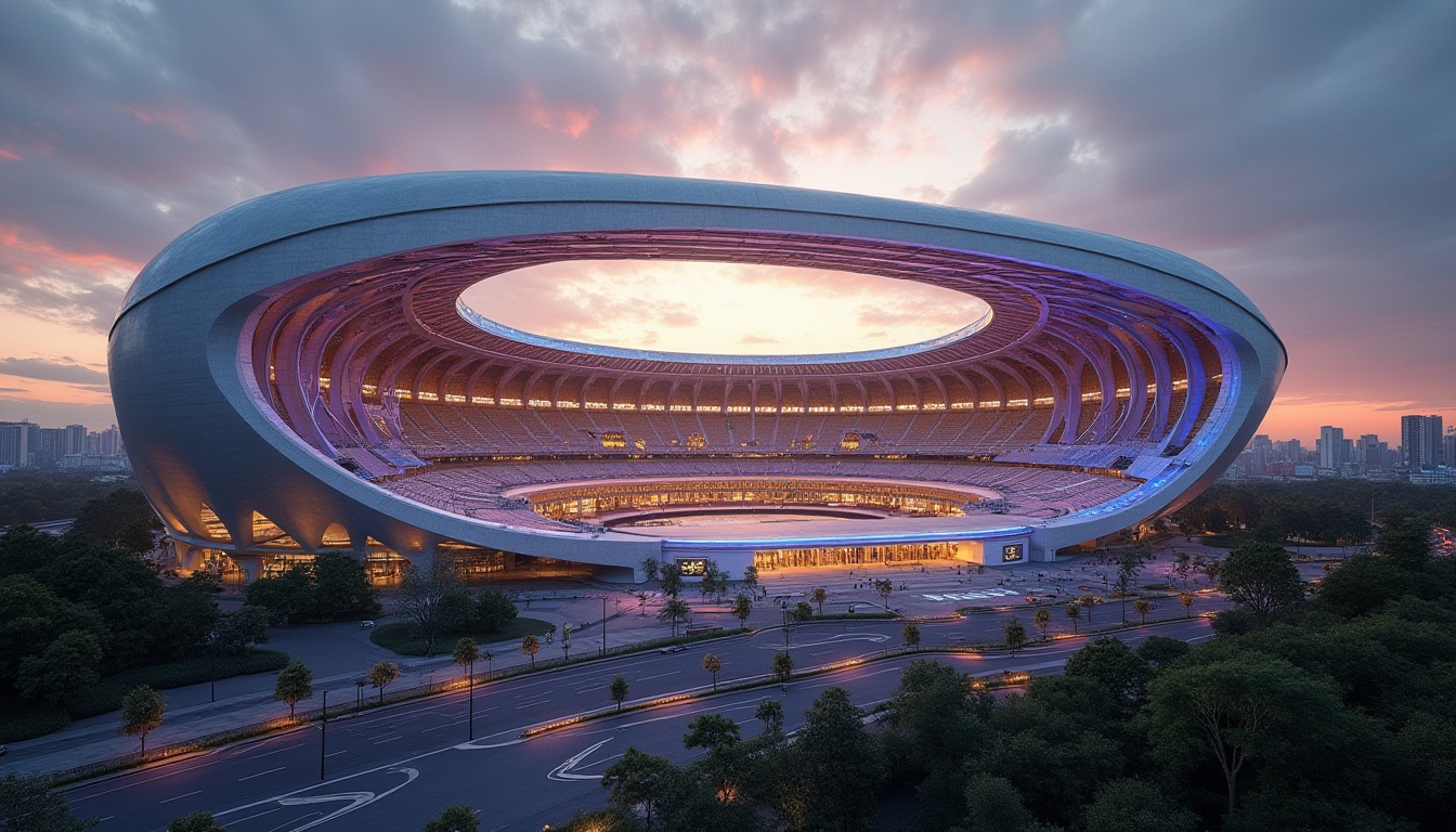 Prompt: Modern stadium, sleek architecture, fiber-cement material, futuristic design, angular lines, curved structures, vibrant LED lights, massive pillars, open-air atrium, lush greenery, urban landscape, cityscape, sunset atmosphere, low-angle shot, dramatic lighting, 3/4 composition.