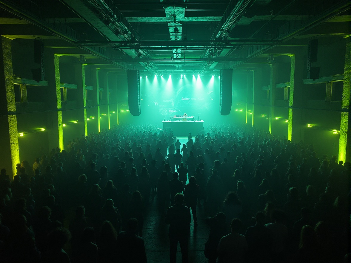 Prompt: Industrial music venue, brutalist architecture, lime green accent walls, concrete floors, metal beams, spotlights, fog machines, dimly lit atmosphere, crowded audience, raised stage, DJ booth, speakers, wires, neon lights, cityscape background, urban landscape, rainy night, misty ambiance, cinematic composition, high contrast lighting.