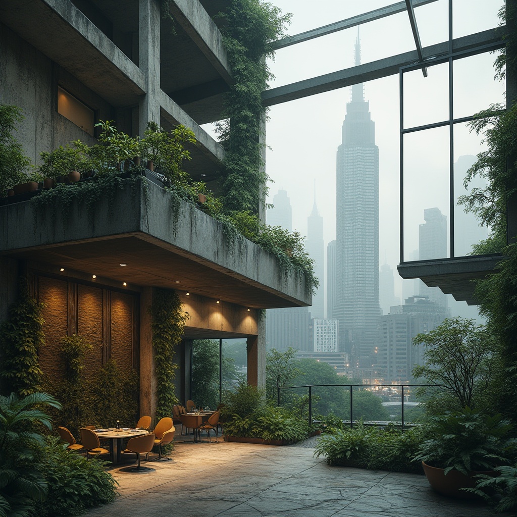 Prompt: Brutalist architecture, integrating natural elements, lush greenery, vines crawling up concrete walls, modern skyscraper, urban jungle, cityscape, dramatic lighting, misty atmosphere, foggy morning, overcast sky, steel beams, raw concrete, industrial materials, reclaimed wood accents, geometric shapes, bold lines, minimalist decor, potted plants, living wall, vertical garden, natural stone flooring, earthy tones, organic textures, juxtaposition of rugged and refined elements, abstract composition, cinematic mood, atmospheric perspective.