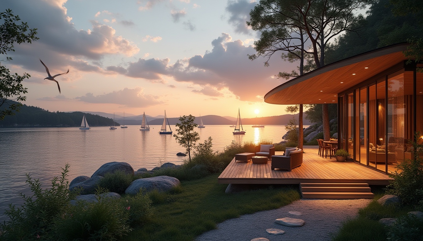 Prompt: Lakefront living, social housing, unique architecture, modern design, glass walls, wooden decks, lake views, sunset reflections, sailboats, seagulls flying overhead, surrounding trees, lush greenery, walking trails, outdoor furniture, cozy porch, warm lighting, evening ambiance, 3/4 composition, shallow depth of field, cinematic mood.