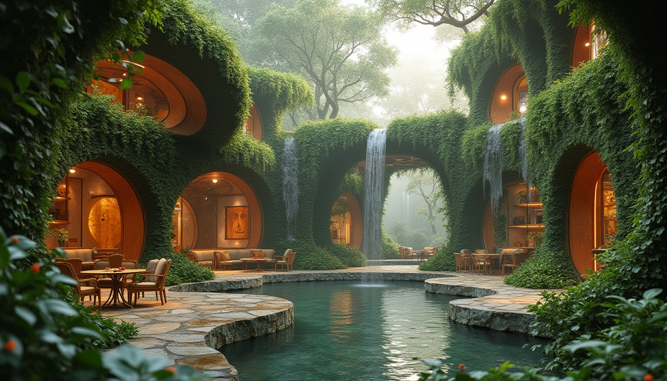 Prompt: Nature-inspired design, futuristic architecture, green walls, vines, flowers, trees, waterfalls, misty atmosphere, warm ambient lighting, intricate details, organic shapes, curved lines, natural materials, wood accents, stone textures, earthy tones, outdoor furniture, lush surroundings, serene ambiance, 3/4 composition, soft focus, shallow depth of field, warm color palette, inviting mood.