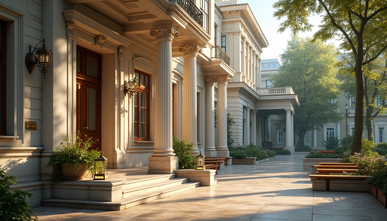 Prompt: Classic school building, Classical architecture style, grand entrance, bronze door handles, intricate bronze ornaments, ornate bronze railings, stone columns, marble floors, wooden benches, vintage lanterns, lush greenery, flower beds, tall trees, sunny afternoon, warm soft light, 3/4 composition, panoramic view.