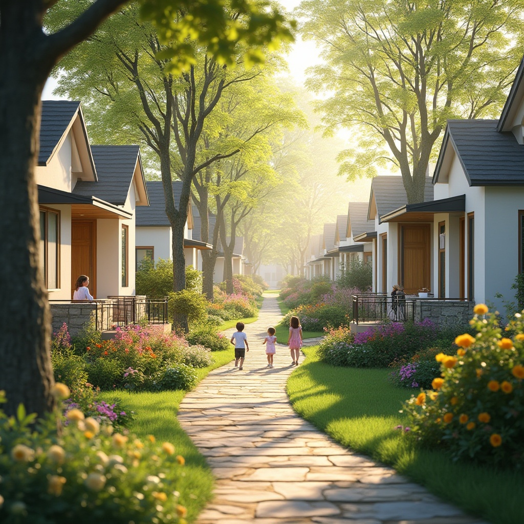 Prompt: Suburban residential area, afternoon sun, gentle warm light, quiet neighborhood streets, lined with tall trees, blooming flowers, lush green lawns, modern minimalist houses, white walls, large windows, wooden doors, sloping roofs, cozy front porches, outdoor furniture, colorful garden decorations, winding stone pathways, few children playing, mothers watching from balconies, soft focus background, warm color tone, 3/4 composition, shallow depth of field.