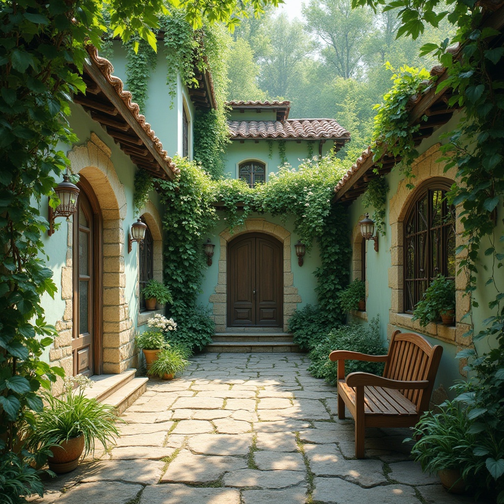 Prompt: Wisteria-inspired green architecture, lush vines climbing up stone walls, soft mint-green stucco, earthy moss-covered roofs, intricate wooden trellises, delicate white flowers cascading down, natural stone pathways, rustic wooden benches, serene forest surroundings, dappled sunlight filtering through leafy canopies, warm beige stone foundation, whimsical ironwork details, romantic European-inspired courtyard, lush greenery overflowing from ornate planters.