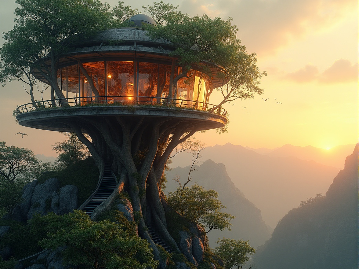 Prompt: Watching tower, futuristic design, incorporating nature elements, tree branches merged with metal framework, leaves covering exterior walls, vines crawling up pillars, moss-covered stone foundation, observatory with 360-degree panoramic view, sunset time, warm orange lighting, misty atmosphere, mountains in the distance, birds flying overhead, wooden accents, natural textures, earthy tones, curved lines blending with angular structures, futuristic and organic fusion.