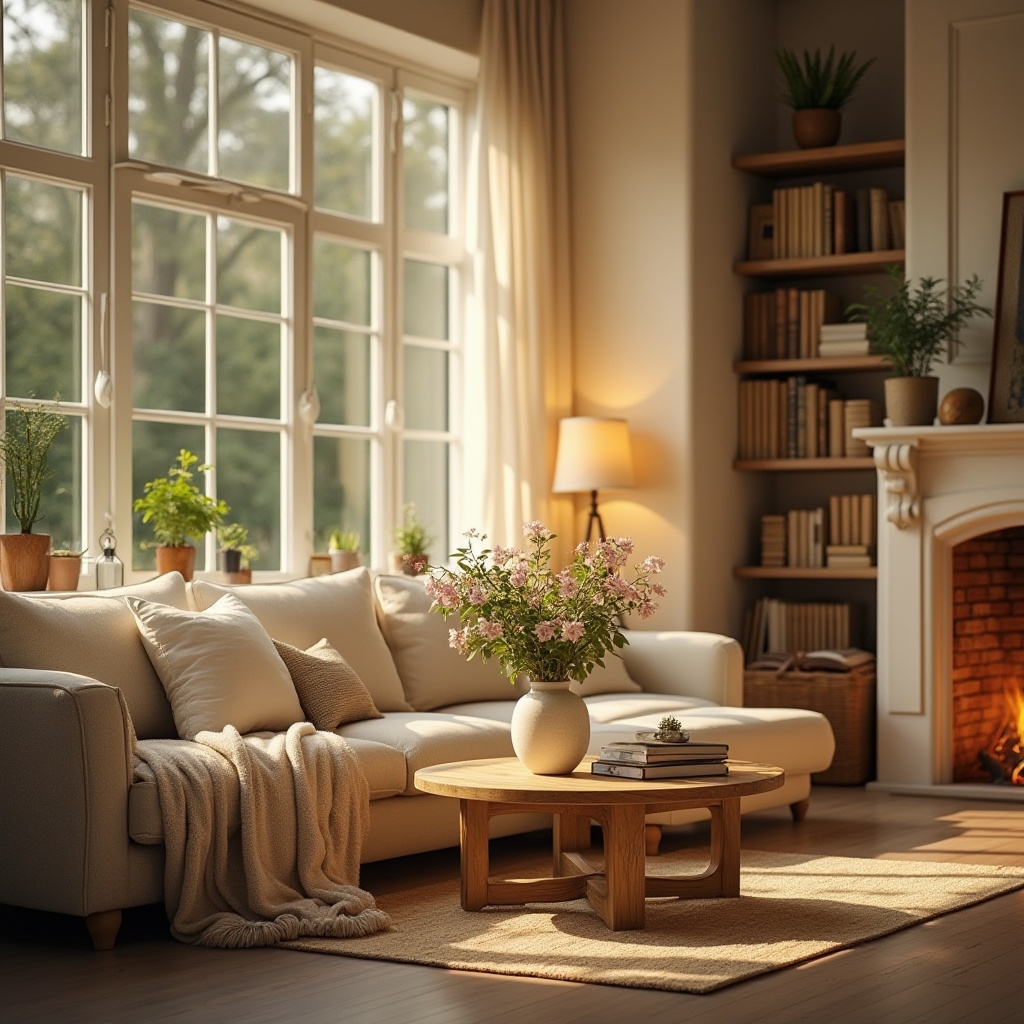 Prompt: Cozy atmosphere, beige color, warm lighting, comfortable furniture, soft cushions, fluffy throw blanket, wooden coffee table, vase with fresh flowers, plants on shelves, bookcase with old books, fireplace with crackling fire, calm and peaceful ambiance, 3/4 composition, soft focus, warm tone, relaxing mood, morning sunlight streaming through window.