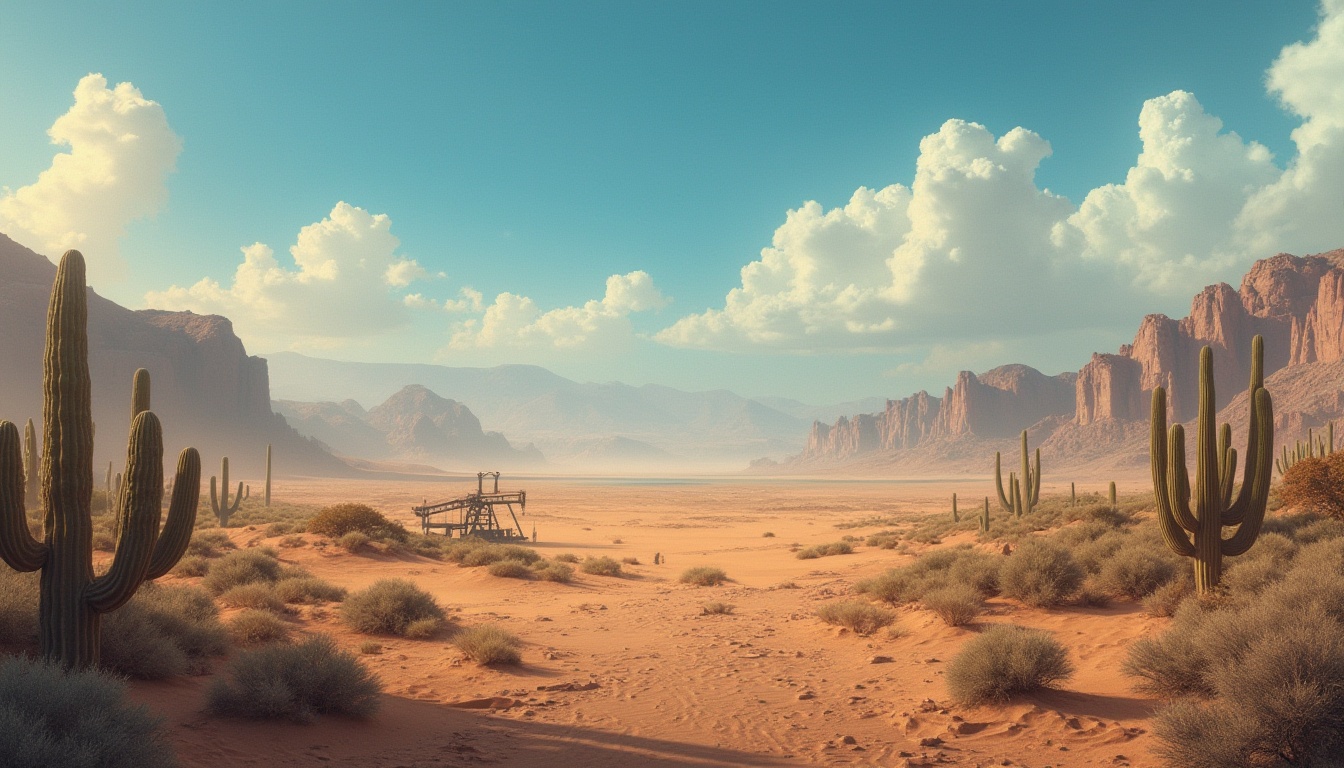 Prompt: Desert landscapes, vast sand dunes, endless blue skies, cacti, rocky formations, abandoned oil rigs, old worn-out wooden signs, sandy paths, mysterious ancient ruins, eerie misty mornings, dramatic sunsets, warm golden light, deep shadows, harsh textures, realistic weathering effects.