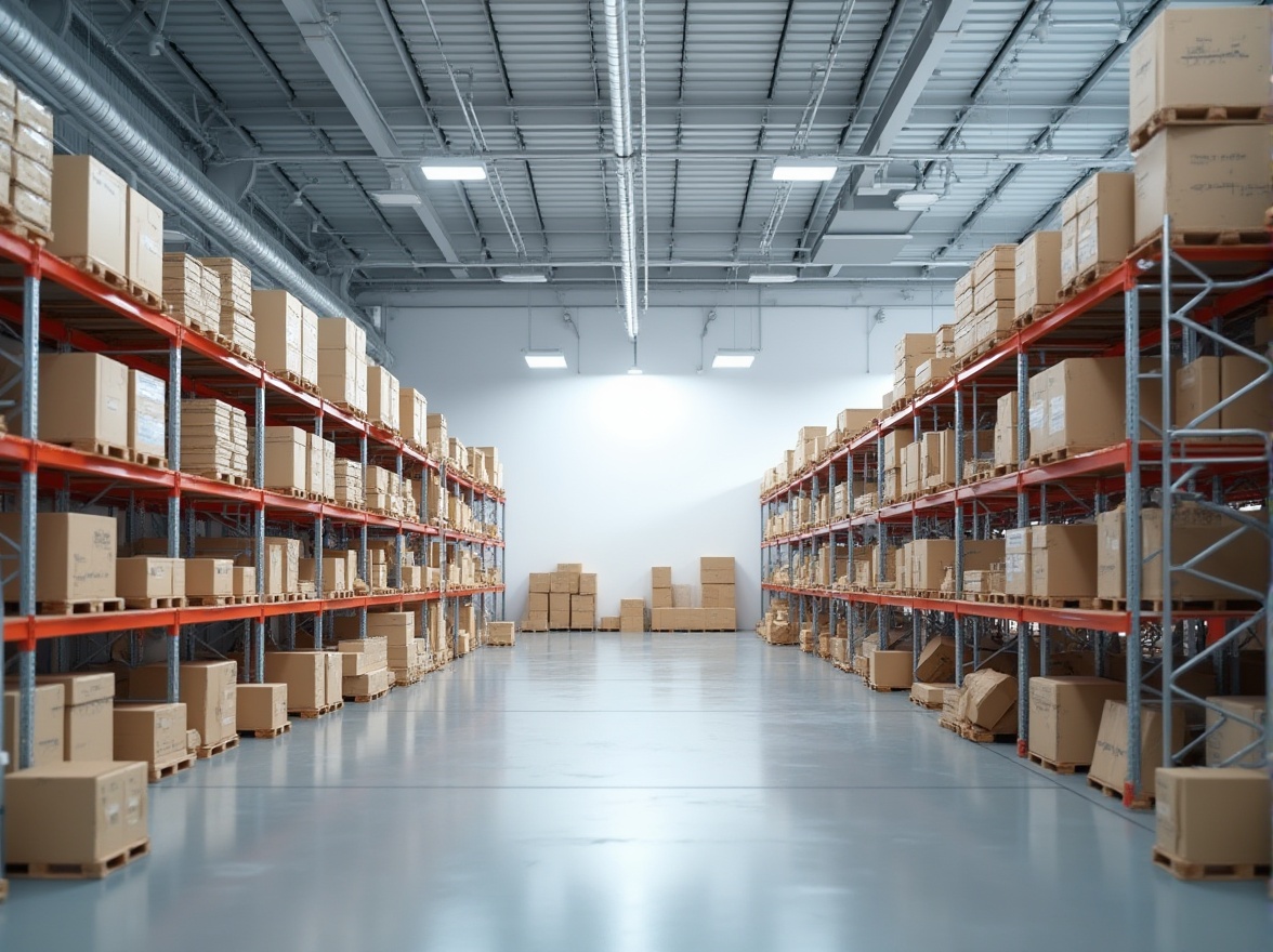 Prompt: Distribution center, modern industrial interior, white walls, high ceilings, rows of shelves, metal racks, storage bins, wooden crates, cardboard boxes, steel pipes, LED lighting, soft ambient light, minimalist composition, clean and organized atmosphere, 3/4 view, slight reflections on the floor, subtle gradient background, bright and airy ambiance.