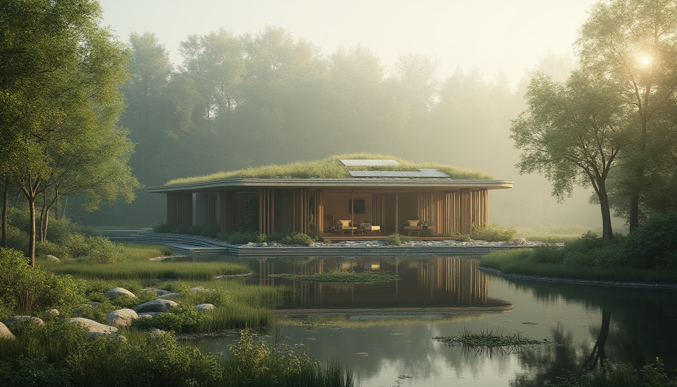 Prompt: Ecological wetland architecture, modern sustainable building, green roof, solar panels, recycled materials, natural ventilation, minimal carbon footprint, serene water surroundings, lush vegetation, mangrove forest, misty morning, warm soft lighting, 3/4 composition, shallow depth of field, earthy tones, organic textures.