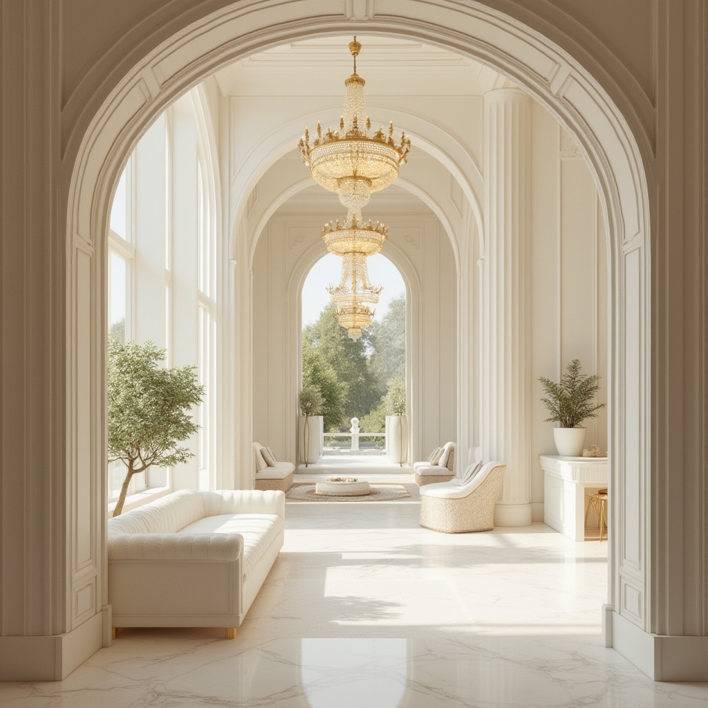 Prompt: Architecture, interior design, modern villa, plaster material, creamy white walls, smooth texture, curved lines, ornate decorations, grand chandelier, lavish furnishings, marble floor, detailed moldings, soft warm lighting, 3/4 composition, shallow depth of field, atmospheric perspective, realistic rendering.