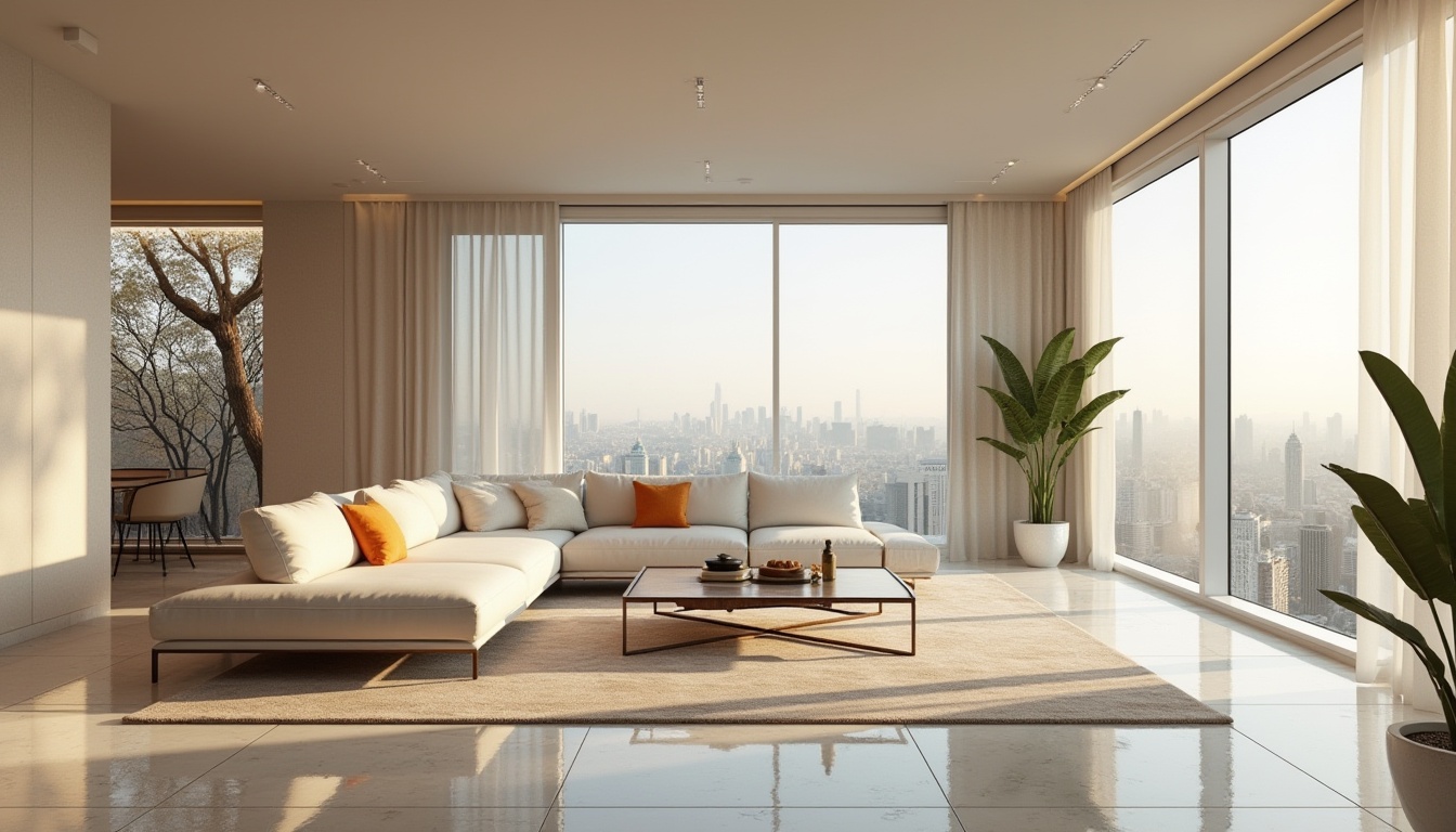 Prompt: Modern luxury living room, sleek lines, minimalist decor, marble floors, cream-colored walls, floor-to-ceiling windows, panoramic city view, designer furniture, sectional sofa, glass coffee table, metal legs, geometric patterns, ambient lighting, 3/4 composition, warm color tones, cozy atmosphere, afternoon sunlight, soft shadows.