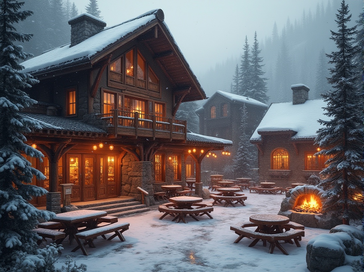 Prompt: Mountainous ski center, khaki color palette, wooden structure, rustic texture, stone walls, large windows, snow-capped roofs, pine trees surrounding, snowflakes gently falling, misty atmosphere, warm lighting, cozy interior, comfortable seating area, wooden benches, stone fireplace, crackling fire, hot chocolate, ski equipment displays, vintage ski decorations, nostalgic ambiance, soft focus, shallow depth of field, warm color tone, inviting composition.