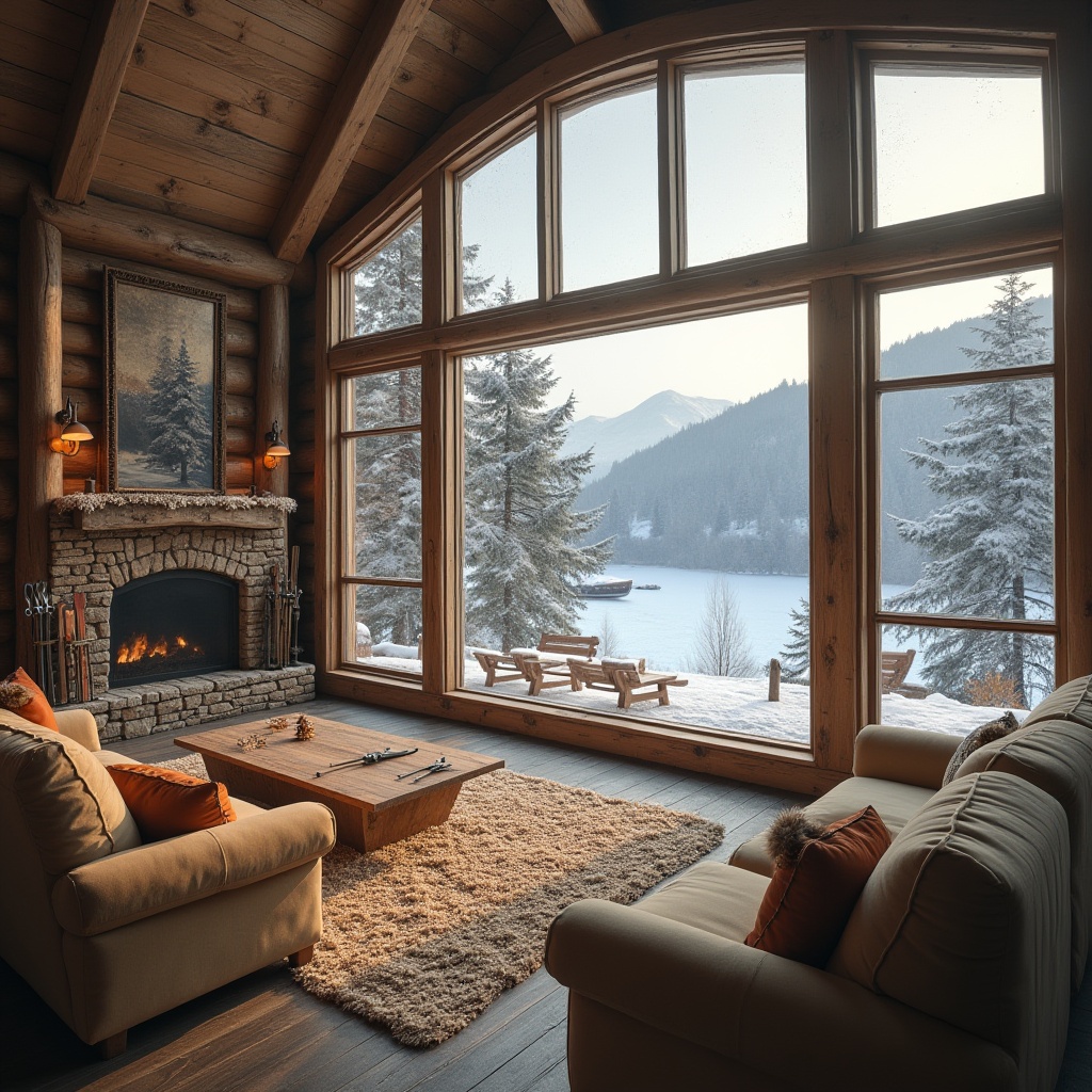 Prompt: Winter sports, ski center, mountain lodge, wooden structure, khaki color palette, warm beige walls, earthy tone furniture, cozy atmosphere, large windows, snowy mountainside view, pine trees, frozen lake, misty morning, soft warm lighting, comfortable seating area, stone fireplace, vintage ski equipment decor, natural texture, rustic wood accents, snowflake patterns, frosty glass, serene ambiance, peaceful composition.