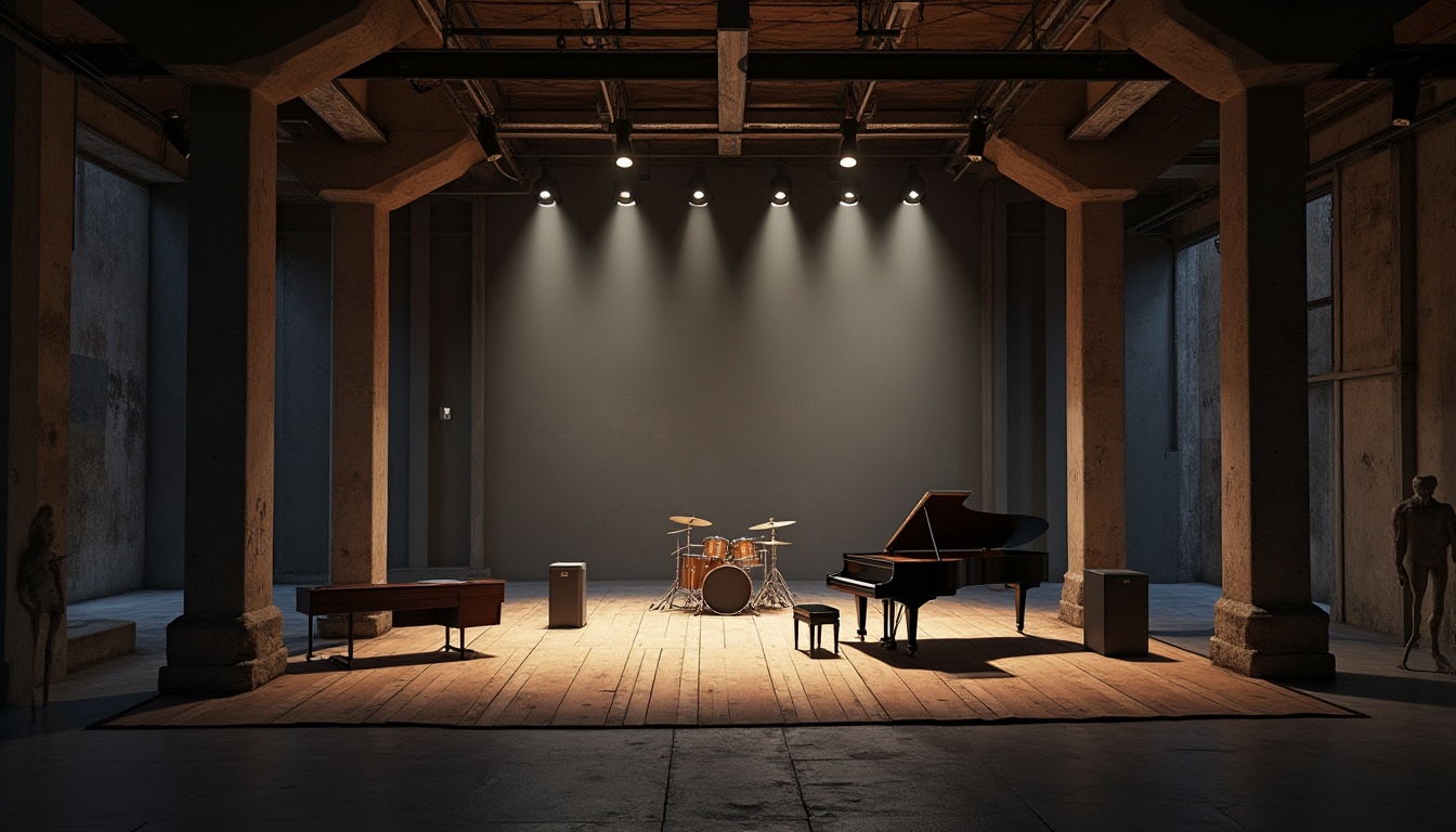 Prompt: Brutalist music venue, industrial atmosphere, exposed concrete walls, steel beams, minimalist decor, spotlights casting dramatic shadows, grand piano, acoustic guitar, drum set, soundproofing materials, wooden floors, stone columns, brutalist architecture, urban landscape, cityscape, night view, dim lighting, warm ambient glow, cinematic composition, low-angle shot.