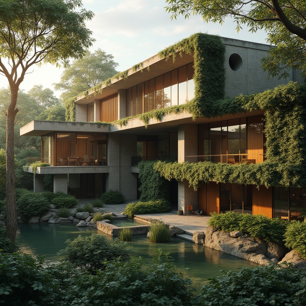 Prompt: Brutalist architecture, villa, integrating natural elements, large windows, wooden accents, stone walls, lush greenery, overgrown ivy, vines crawling up concrete pillars, geometric shapes, clean lines, minimal ornamentation, urban oasis, cityscape, sunset lighting, warm ambiance, 3/4 composition, shallow depth of field, atmospheric perspective.