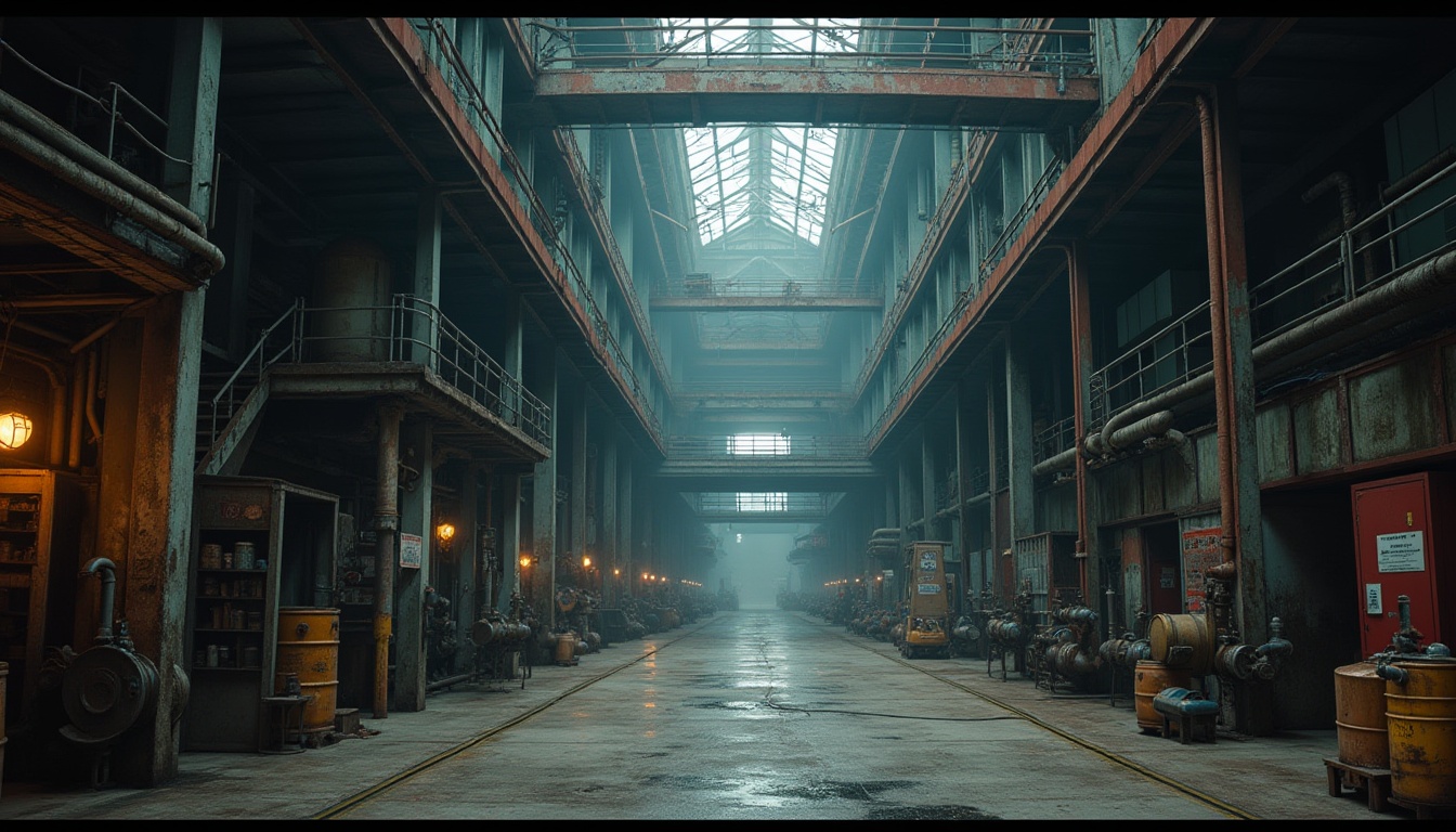 Prompt: Industrial area, factory building, steel structure, rusty metal, concrete floor, pipes, machinery, valves, control panels, warning signs, catwalks, ladders, crates, barrels, forklifts, industrial lighting, misty atmosphere, dimly lit, dramatic shadows, low-angle shot, cinematic composition.