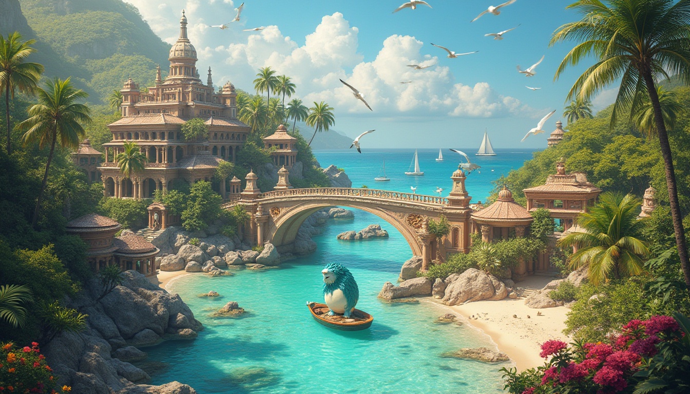 Prompt: Island, market, Baroque style, tropical plants, palm trees, colorful flowers, vibrant foliage, ornate architecture, grand fountain, statue of a mythical creature, intricate stone carvings, ornate bridges, white sandy beach, crystal clear turquoise water, sailboats, seagulls flying overhead, warm sunny day, dramatic clouds, cinematic composition, 3/4 view, soft golden lighting.