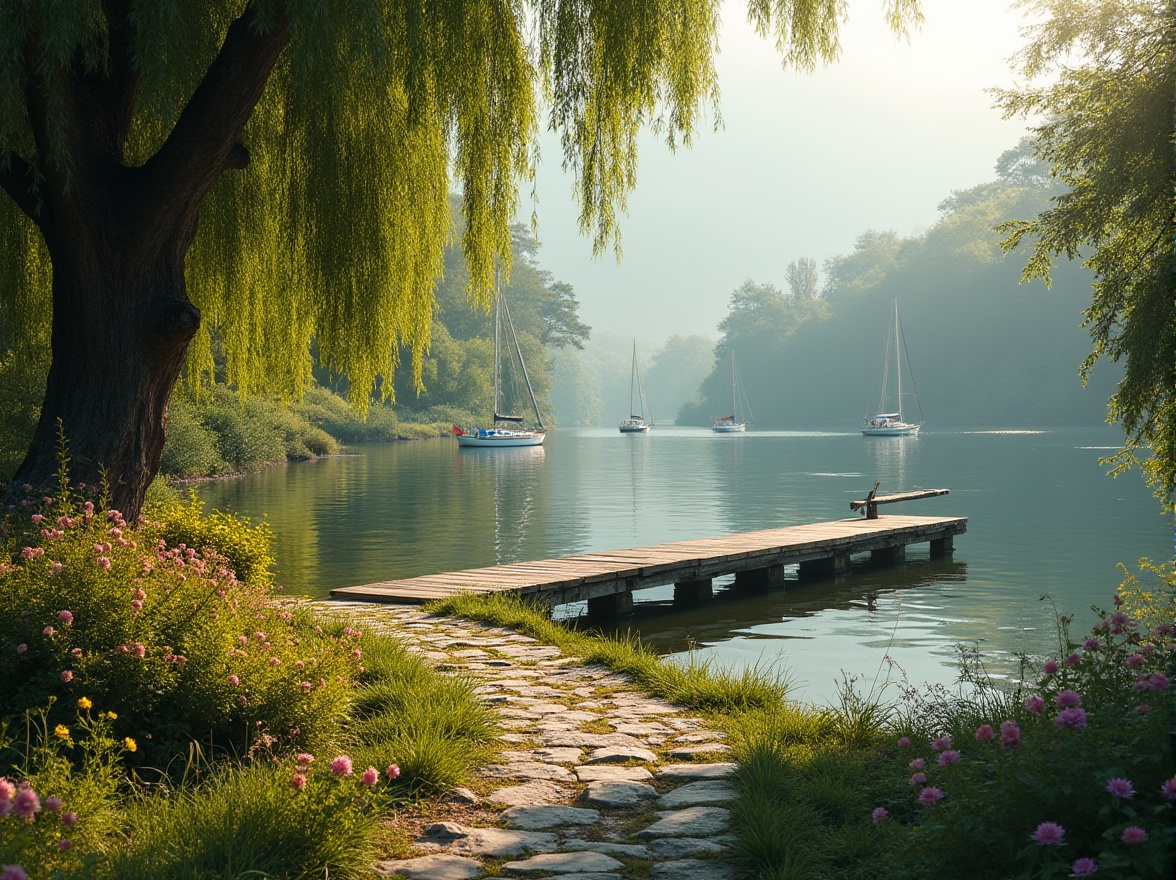 Prompt: Serene lakefront, sunny afternoon, calm waters reflecting surrounding trees, lush greenery, vibrant flowers blooming along the shore, a winding stone path leading to a secluded wooden dock, few sailboats drifting lazily, an old willow tree leaning over the water's edge, warm soft lighting, shallow depth of field, misty atmosphere, realistic reflections on the lake surface, cinematic composition, peaceful ambiance, 3/4 view angle.