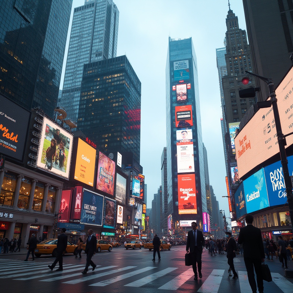 Prompt: Modern commercial district, bustling streets, skyscrapers, neon lights, giant billboards, pedestrians in business attire, briefcases, laptops, coffee cups, suits, ties, high heels, sunglasses, busy intersections, traffic lights, urban jungle, daytime, cloudy sky, shallow depth of field, vibrant colors, cinematic composition, wide-angle lens.