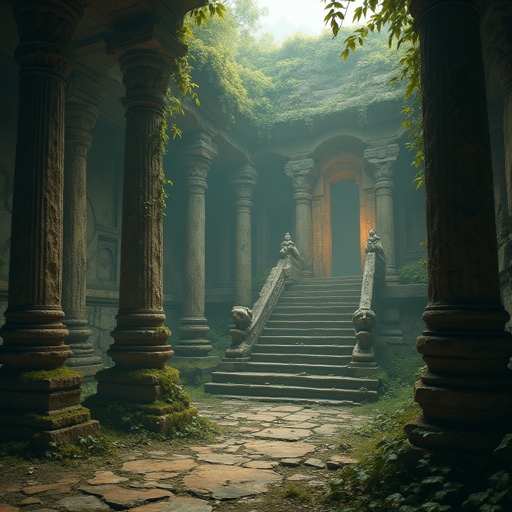 Prompt: Ancient mystical temple, ruins overgrown with vines, stone walls cracked with age, intricate carvings of mythological creatures, massive stone pillars supporting the entrance, weathered stone stairs leading to the main hall, ornate stone statues of ancient gods, misty atmosphere, mysterious lighting, fog rolling in through the entrance, abandoned centuries-old artifacts scattered around, stone pedestals holding ancient scrolls, moss-covered stone floors, eerie silence, mystical aura, warm golden light filtering through the cracks.