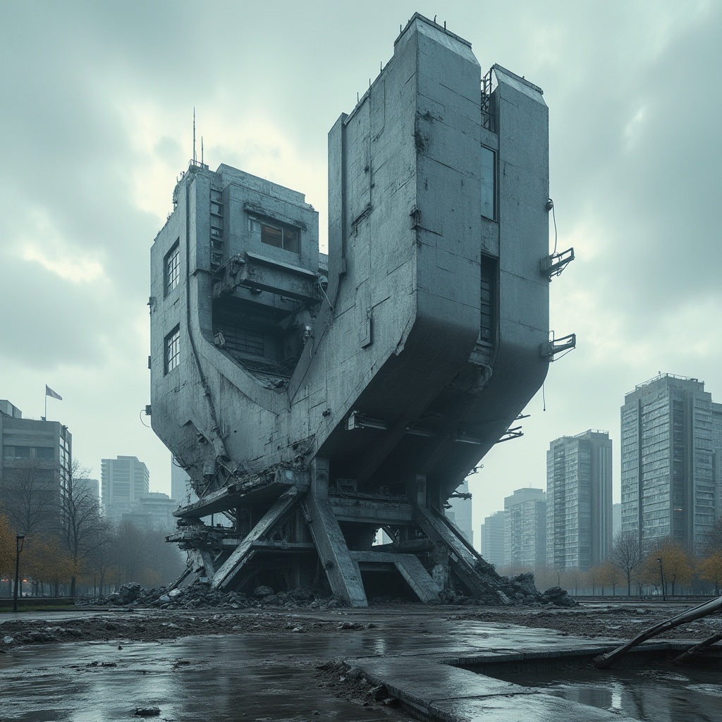 Prompt: Deconstructivist monument, irregular shape, fragmented structure, broken columns, twisted metal beams, shattered glass, abstract sculpture, modern art, urban cityscape, cloudy sky, dramatic lighting, low-angle shot, bold composition, high-contrast color scheme, futuristic atmosphere, metallic texture, reflective surface, intricate details, avant-garde architecture, brutalist elements, industrial materials, post-apocalyptic mood.