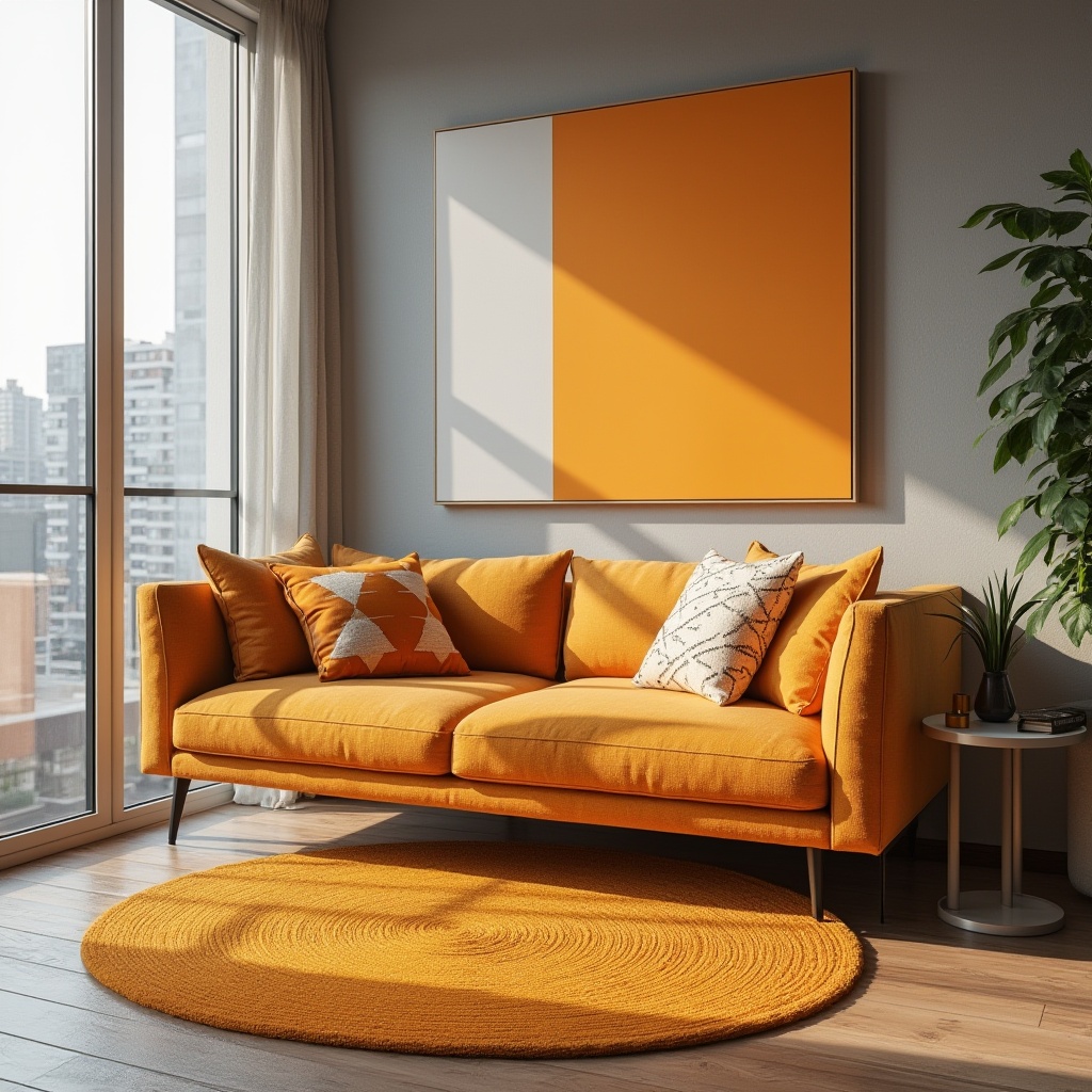 Prompt: Vibrant tangerine accent, modern minimalist interior, sleek low-profile couch, geometric-patterned throw pillows, monochromatic walls, polished wooden floor, sparse greenery, industrial metal side table, abstract art piece, floor-to-ceiling windows, urban cityscape view, soft warm afternoon lighting, 3/4 composition.