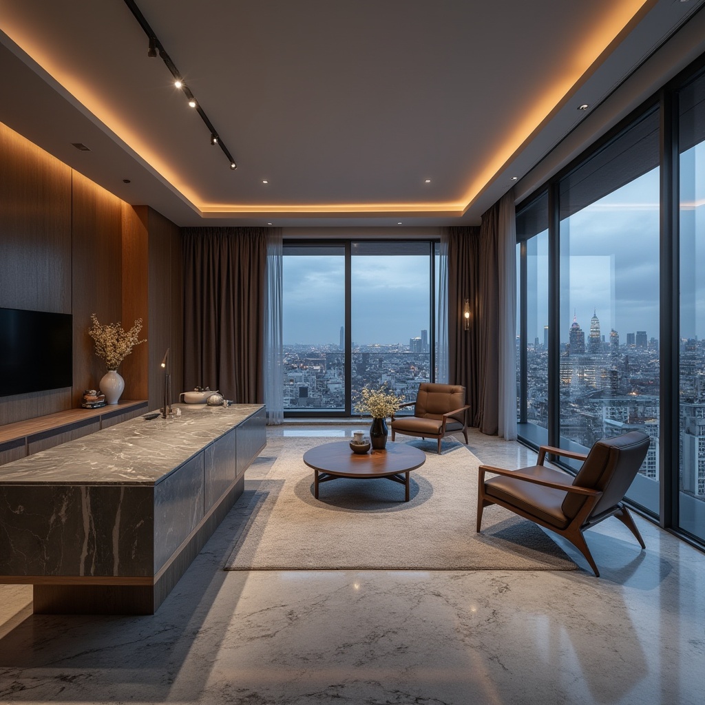 Prompt: Grey granite, luxury interior, modern design, luxurious living room, high-end furniture, sleek lines, polished surface, textured pattern, natural material, stone floor, wooden accents, ambient lighting, panoramic view, cityscape background, evening atmosphere, cinematic composition, high-contrast image, detailed texture, 3/4 composition, soft focus.