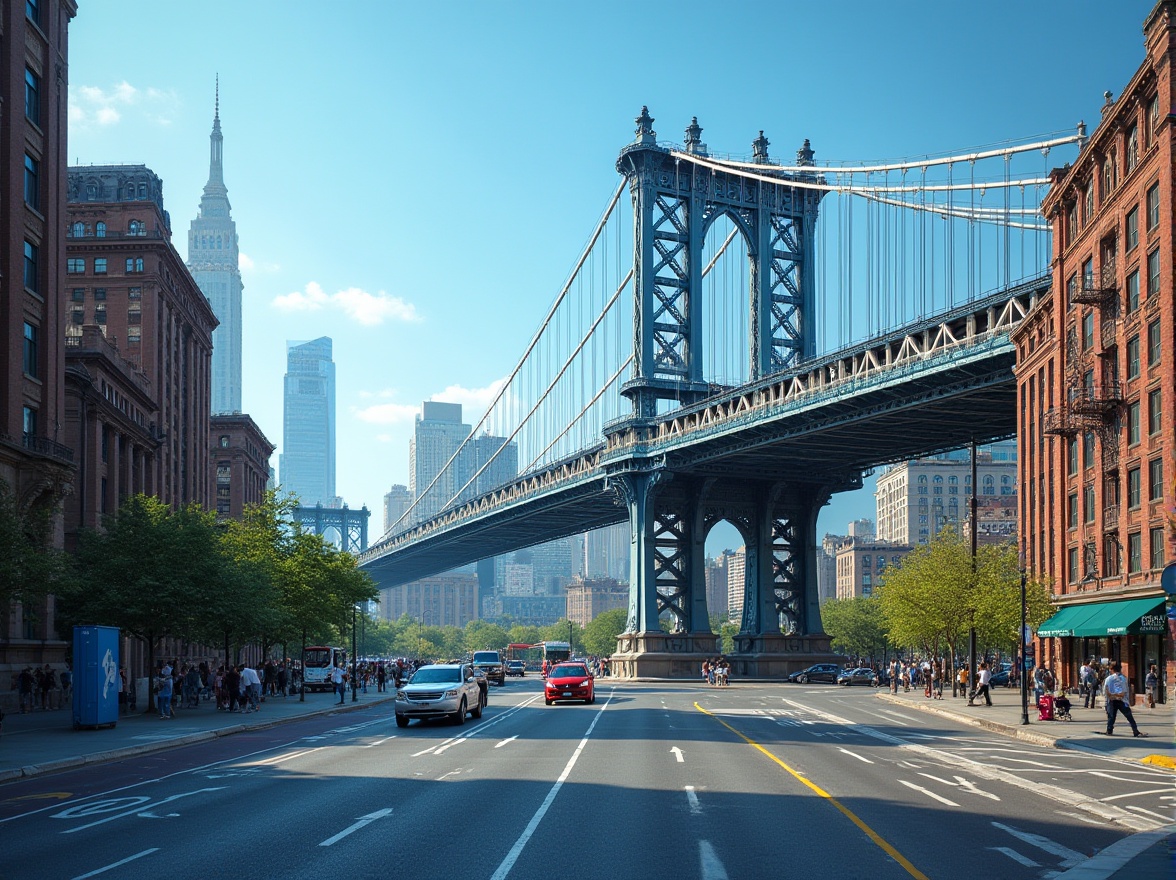 Prompt: Urban pedestrian bridge, modern architecture, steel structure, suspension cables, concrete piers, cityscape, skyscrapers, busy streets, vehicles, pedestrians walking, daytime, sunny weather, clear blue sky, dynamic composition, low-angle shot, dramatic lighting, vibrant colors, urban jungle, bustling metropolis.