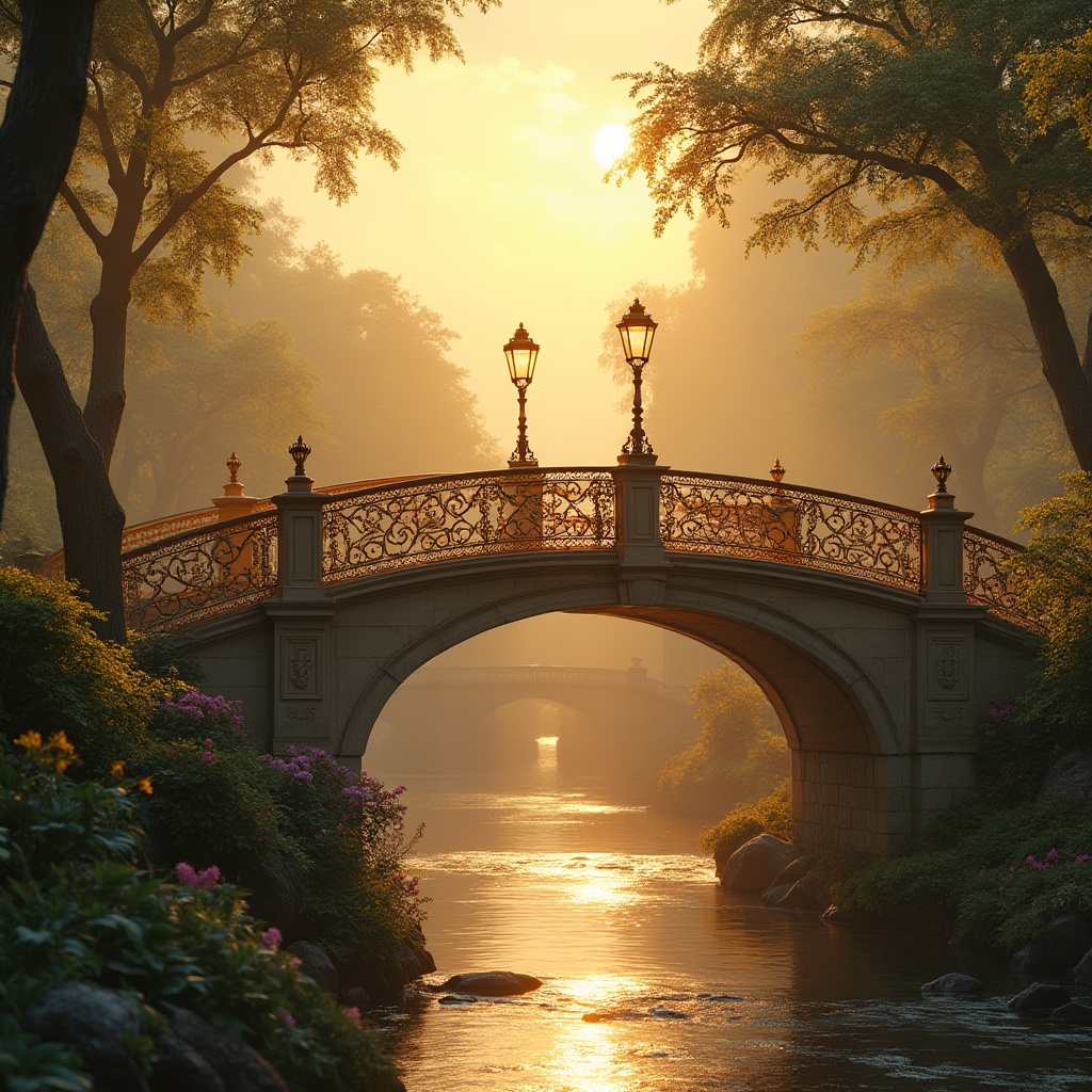 Prompt: Golden bridge, luxurious, majestic, sunset glow, warm golden lighting, ornate iron railings, grand arches, stone pillars, gentle river flow, lush greenery, vibrant flowers, tranquil atmosphere, soft mist, warm beige stones, elegant lamp posts, intricate carvings, refined architecture, 3/4 composition, panoramic view, cinematic mood, ambient occlusion.