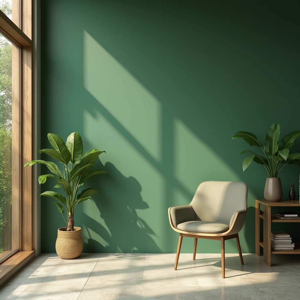 Prompt: Calming green wall, modern minimalist interior design, natural stone floor, lush green plants, wooden accents, sleek lines, ergonomic chair, subtle gradient effect, softbox lighting, 3/4 composition, shallow depth of field, relaxing atmosphere, earthy tone, eco-friendly concept, harmonious balance, creative workspace.