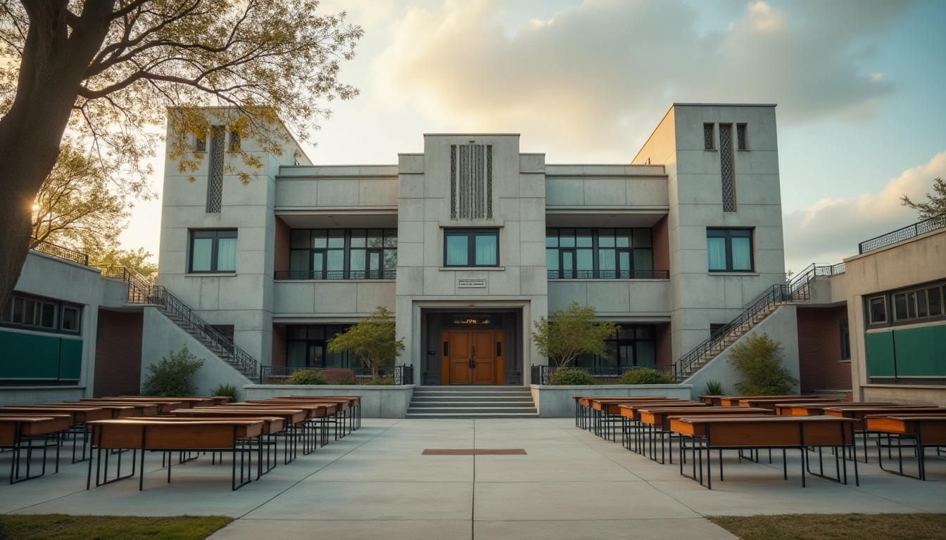 Prompt: Art Deco middle school, concrete building, geometric shapes, metallic accents, ornate decorations, grand entrance, stairs with iron railings, polished concrete floors, minimalist classrooms, wooden desks, green chalkboards, large windows, urban cityscape, cloudy sky, morning light, 3/4 composition, cinematic angle, symmetrical framing, shallow depth of field, warm color palette.