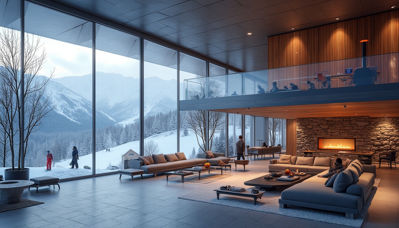 Prompt: Modern ski center, futuristic architecture, glass facade, steel beams, minimalist interior design, wooden accents, comfortable lounge area, floor-to-ceiling windows, panoramic view of snow-capped mountains, gentle slope, skiers and snowboarders in action, winter sports equipment, rental counters, cozy fireplace, rustic stone walls, ambient lighting, warm color palette, 3/4 composition, shallow depth of field.