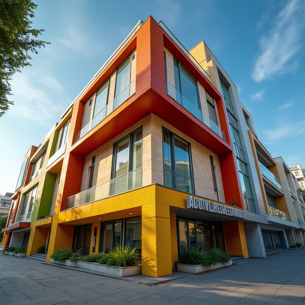 Prompt: Modern architectural building, vibrant colorful facade, geometric shapes, bold lines, abstract patterns, glass windows, metal frames, urban cityscape, daytime, clear blue sky, few white clouds, warm sunlight, dramatic shadows, 3/4 composition, low-angle shot, cinematic lighting, depth of field, HDR, fish eye lens, bright red accent wall, neutral beige background, pop of yellow, calming green roof garden, sleek silver railing, rough concrete texture, smooth glass surface.