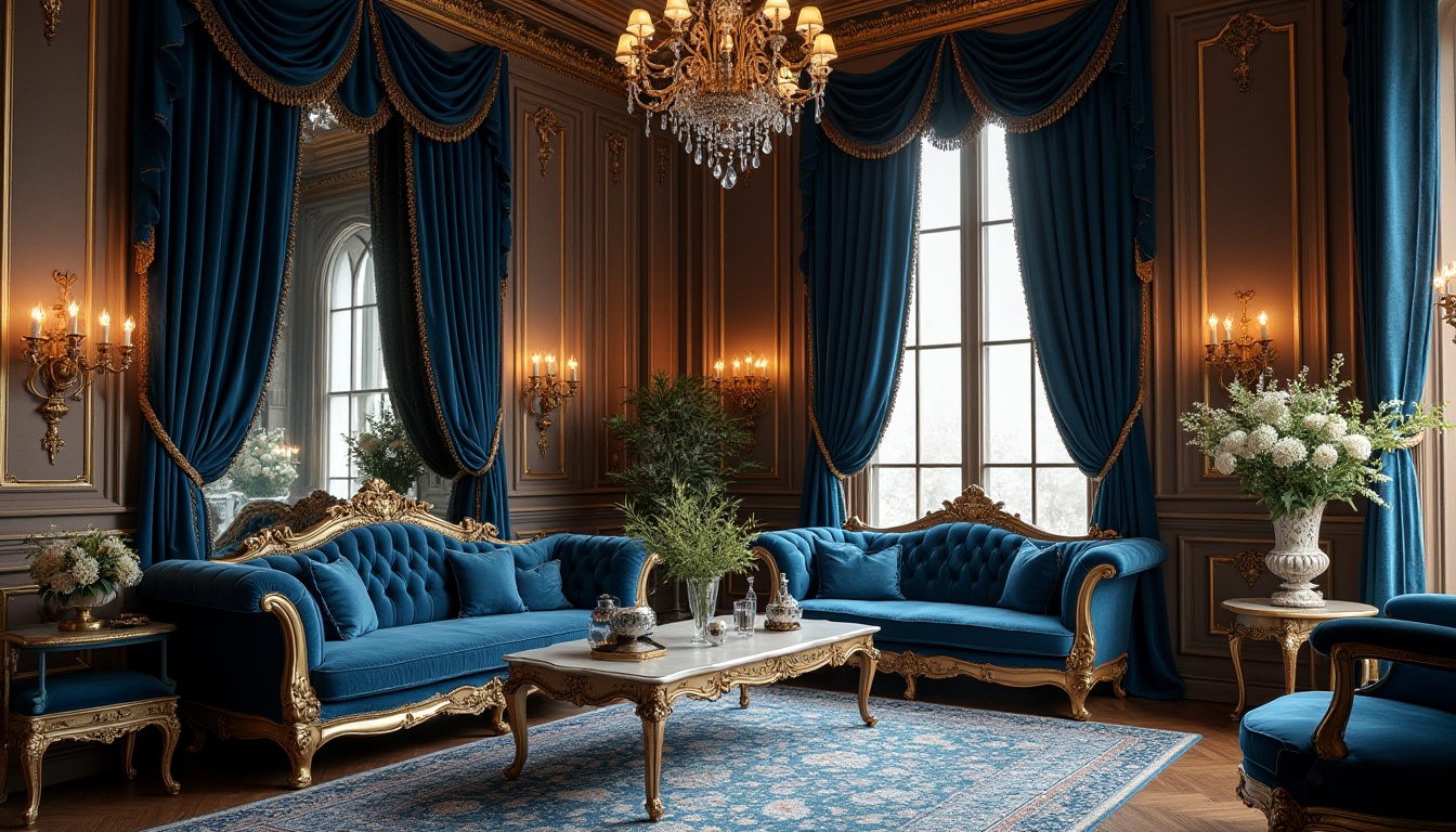 Prompt: Victorian-era inspired interior, ornate furniture, Prussian blue dominant color scheme, luxurious velvet drapes, golden accents, intricate carvings, ornamental mirrors, crystal chandeliers, lavish flower arrangements, romantic candelabras, detailed wooden paneling, soft warm lighting, 3/4 composition, shallow depth of field, cinematic atmosphere, classical music ambiance.