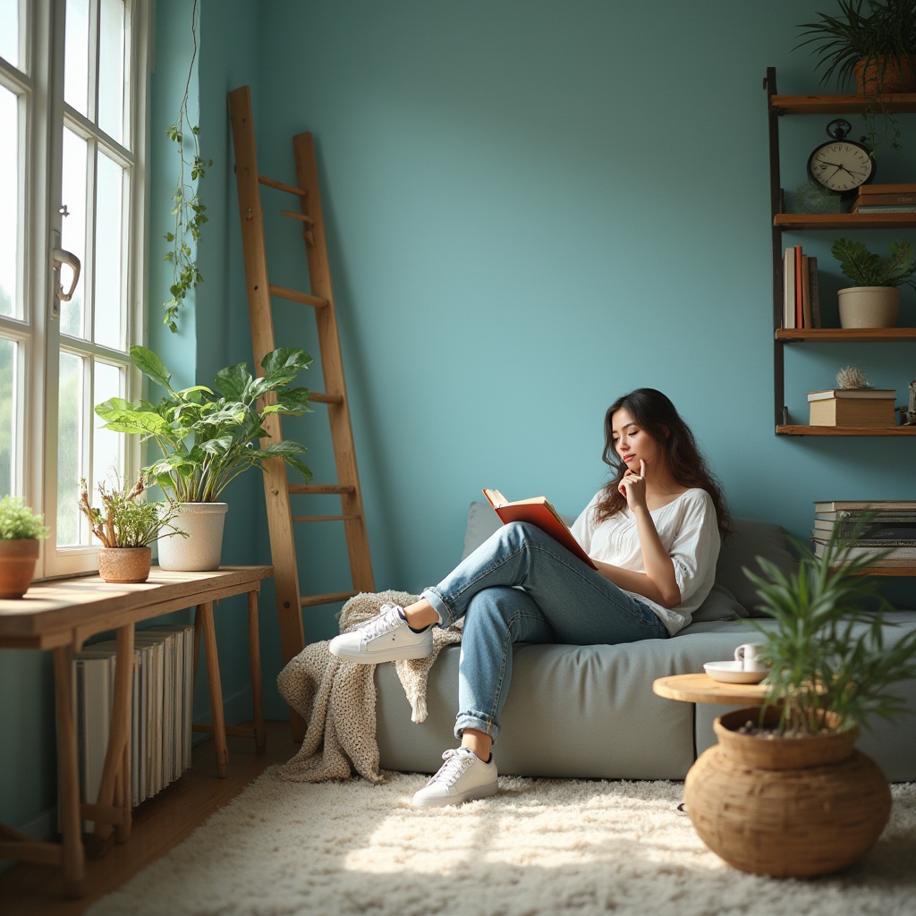 Prompt: Sky blue accent wall, comfortable reading nook, solo girl, 18-25yo, long curly brown hair, minimal makeup, casual wear, jeans, white blouse, sneakers, sitting, legs crossed, one hand holding book, another hand supporting chin, relaxed posture, warm atmosphere, natural light pouring through floor-to-ceiling windows, wooden shelves, ladder, vintage clock, plants on tables, soft carpet, cozy corner, panoramic view, 3/4 composition, soft focus, cinematic lighting, morning mood.