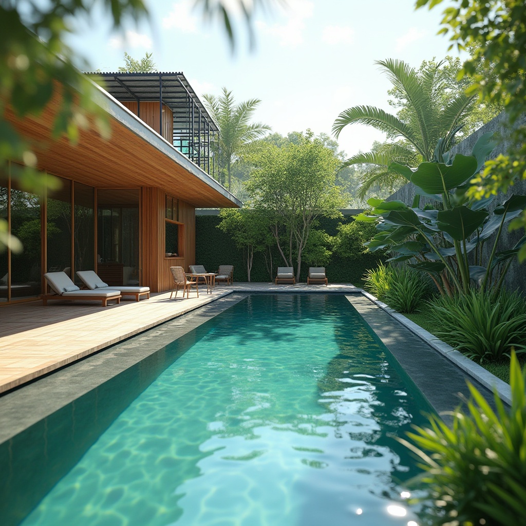 Prompt: Eco-friendly pool, sustainable practices, modern architecture, villa, backyard, lush greenery, tropical plants, solar panels, natural stone walls, wooden deck, saltwater system, rainwater harvesting, energy-efficient pumps, LED lighting, infinity edge, serene atmosphere, warm sunny day, soft focus, shallow depth of field, vibrant turquoise water, gentle ripples.