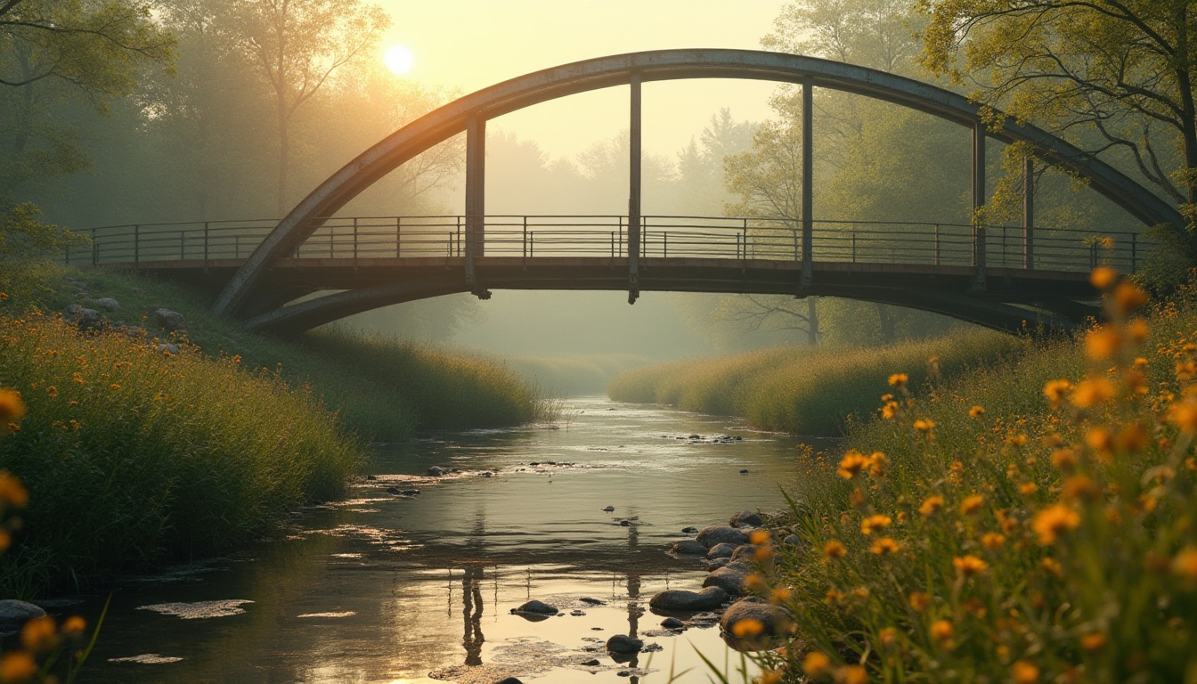 Prompt: Olive green bridge, modern minimalist design, sleek lines, curved arches, industrial metal texture, weathered wooden planks, subtle rust accents, misty morning atmosphere, soft golden lighting, gentle river flowing beneath, lush greenery surrounding, vibrant wildflowers blooming, tranquil composition, 3/4 view, cinematic depth of field, warm color palette, earthy tone, serene ambiance.