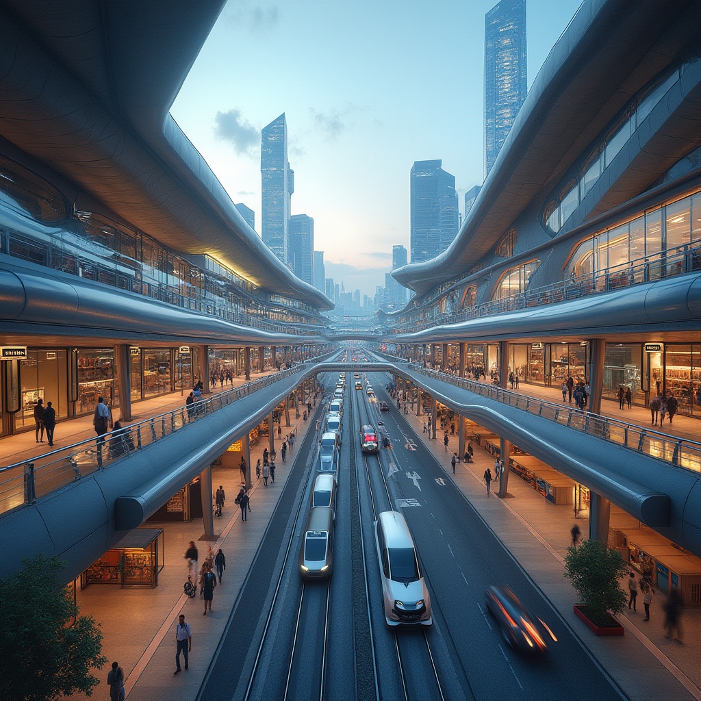 Prompt: Modern transportation hub, futuristic architecture, sleek lines, geometric shapes, metallic materials, glass façade, angular roofs, grand staircase, open spaces, natural light pouring in, urban landscape, cityscape, bustling streets, pedestrian walkways, bicycle lanes, bus stops, train tracks, dynamic lighting, abstract composition, 3/4 view, soft focus, shallow depth of field, high-tech atmosphere, metropolitan feel, evening scene, warm ambient lighting.