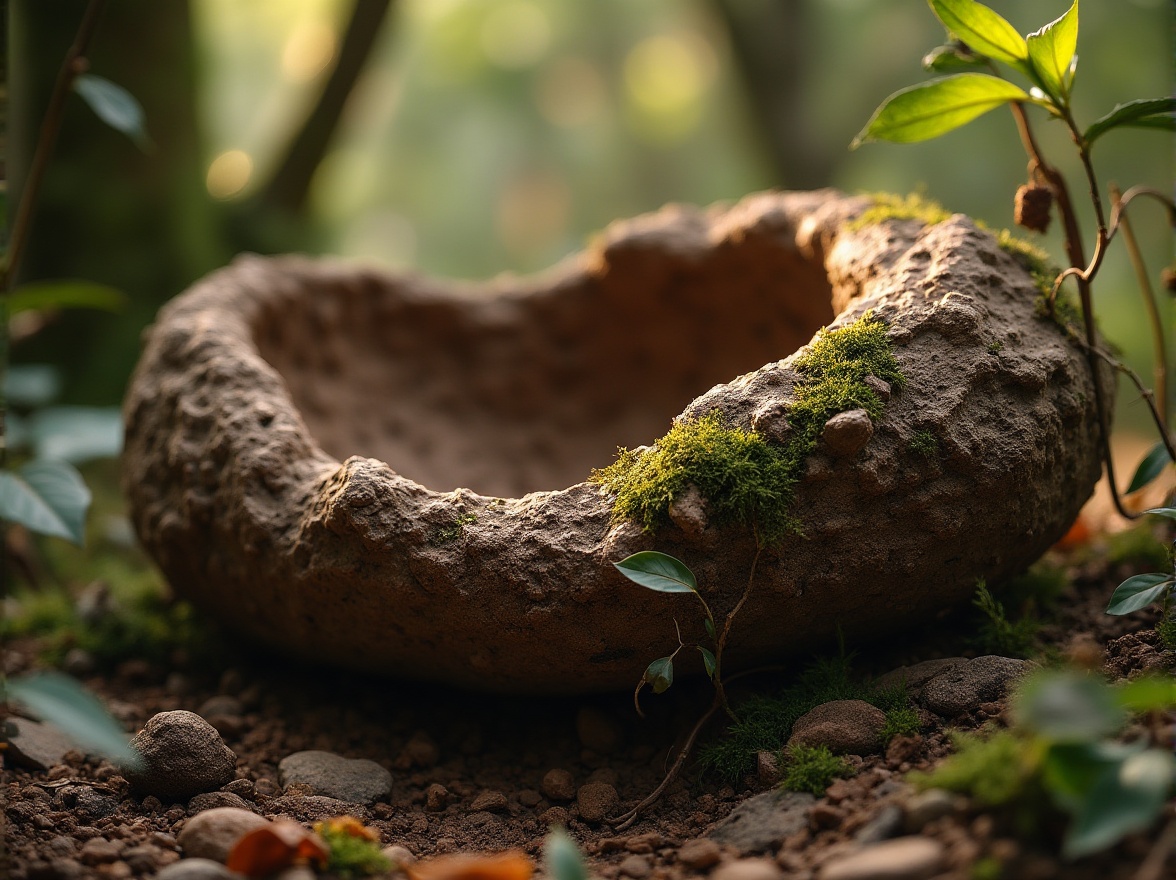 Prompt: Earthy mud texture, natural material, organic structure, brown color palette, rough irregular shape, hand-sculpted details, botanical elements, vines wrapped around, tiny pebbles embedded, moss growing on surface, natural patterns, earthy aroma, outdoor setting, forest floor, surrounded by trees, warm sunlight filtering through leaves, soft focus, shallow depth of field, realistic rendering.