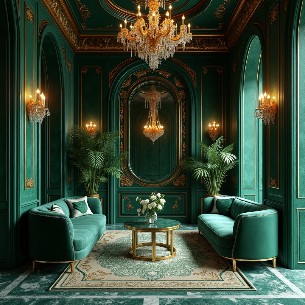 Prompt: Malachite-inspired design, luxurious interior, modern villa, boudoir, emerald green walls, ornate golden frames, velvet sofas, crystal chandeliers, marble floors, intricate patterns, luxurious fabrics, rich textures, lavish decor, regal atmosphere, warm soft lighting, cinematic composition, 3/4 view, shallow depth of field.