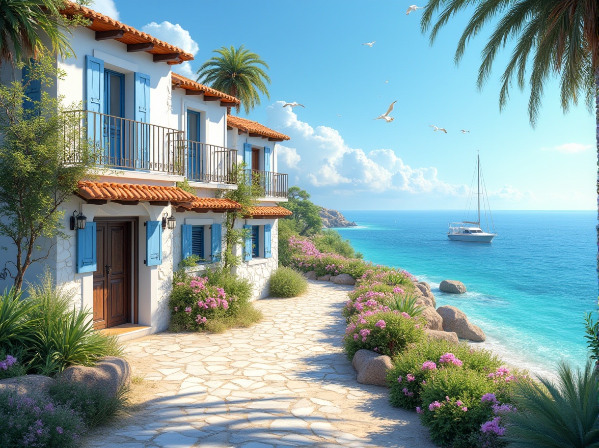 Prompt: Coastal villa, combining tradition and modernity, Mediterranean style, white walls, blue windows, red roof tiles, wooden doors, iron fences, lush greenery, blooming flowers, palm trees, sandy beach, clear turquoise water, sailboats in the distance, seagulls flying overhead, warm sunny day, soft gentle breeze, 3/4 composition, shallow depth of field, cinematic lighting, vibrant colors, realistic textures.