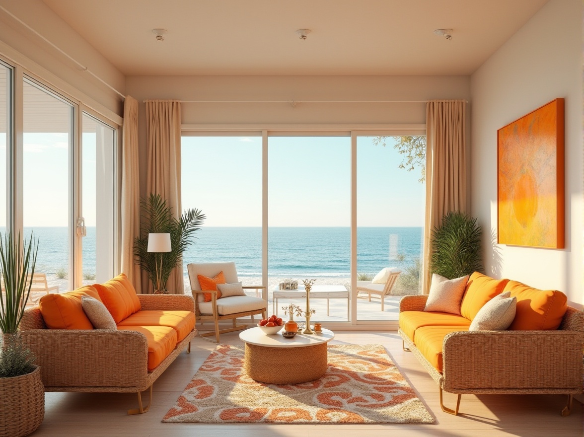 Prompt: Coastal interior design, vibrant tangerine color scheme, modern beach house, large windows, ocean view, minimal decor, sleek lines, natural textures, wicker furniture, cream-colored walls, wooden floors, nautical accents, coral patterned rug, abstract art pieces, ambient lighting, morning sunlight, refreshing atmosphere, 3/4 composition, shallow depth of field.