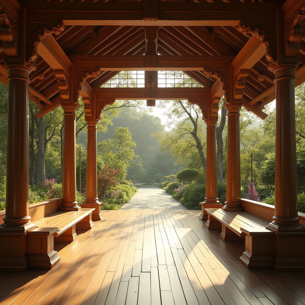 Prompt: Pavilion, academic style, wood material, wooden columns, ornate carvings, smooth wooden floor, wooden benches, natural light, glass roof, greenery surroundings, trees, flowers, sunny day, warm atmosphere, 3/4 composition, soft focus, shallow depth of field, warm color tone, cinematic lighting.