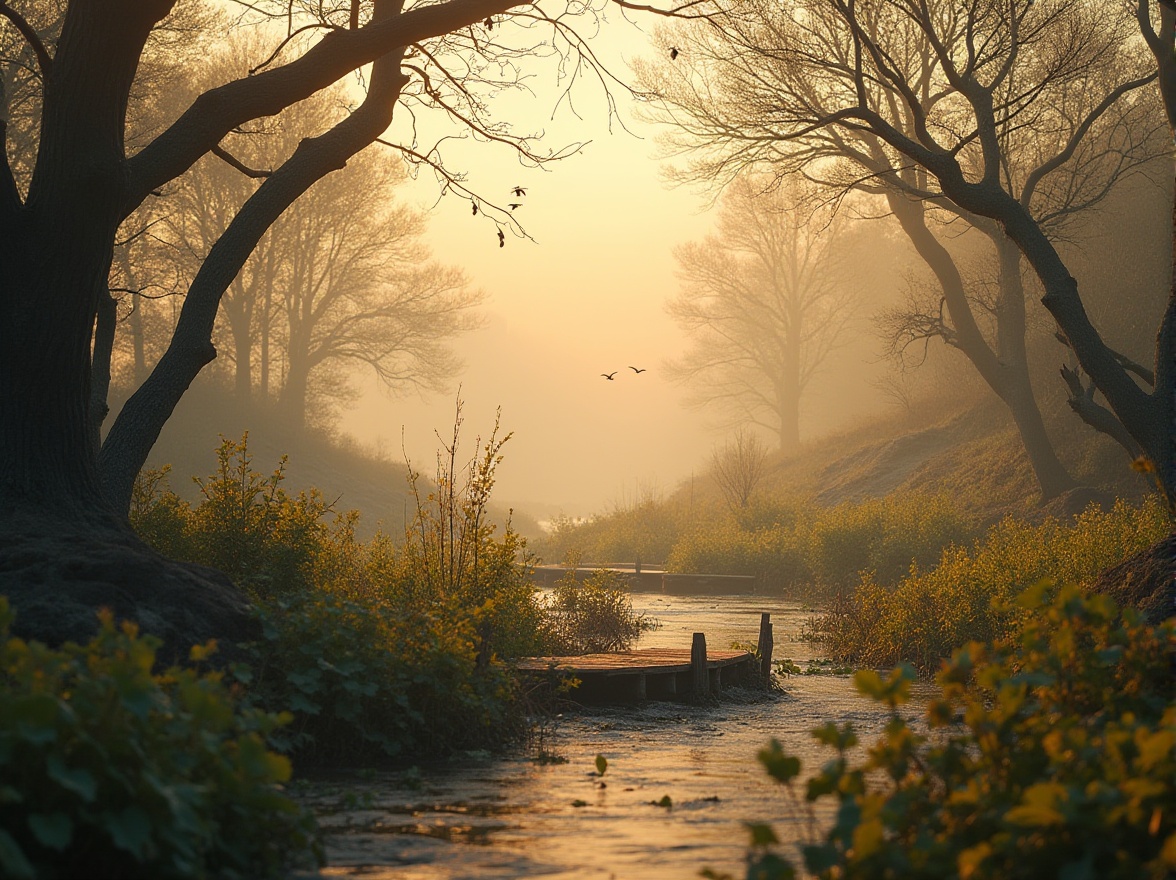 Prompt: Wetland landscape, incorporating coffee color, earthy tone, serene atmosphere, misty morning, warm sunlight filtering through fog, lush greenery, varied aquatic plants, twisted tree branches, rustic wooden boardwalk, winding waterways, gentle ripples on calm waters, few birds flying overhead, tranquil ambiance, shallow depth of field, naturalistic composition, cinematic lighting, HDR.