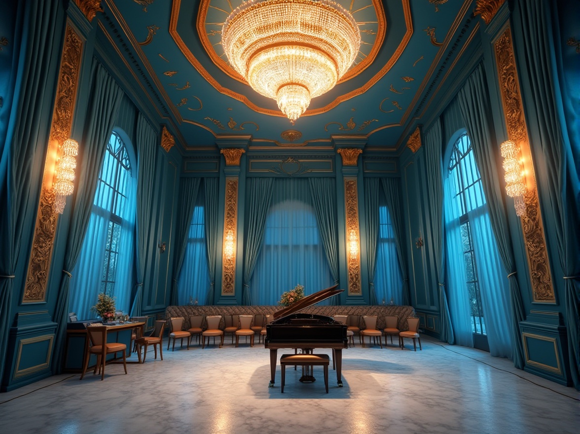 Prompt: Concert house interior, luxurious, sky blue accent walls, crystal chandelier, grand piano, velvet curtains, golden metal frames, marble floors, VIP seating area, spotlighting, soft box lighting, low-angle shot, wide-angle lens, 3/4 composition, warm tone, atmospheric perspective.