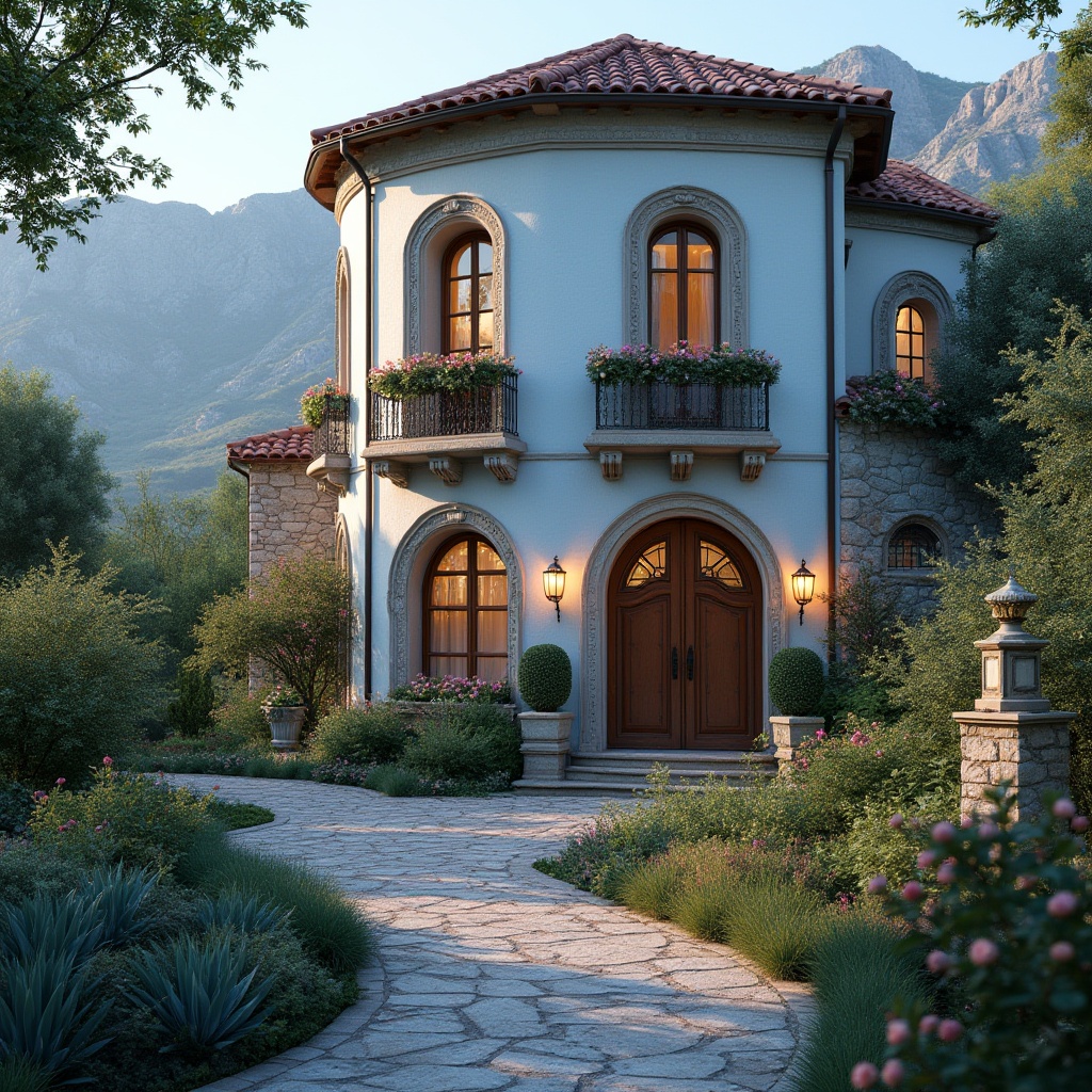 Prompt: Periwinkle-colored villa, Mediterranean-style architecture, beautiful intricate stonework, curved archways, ornate wooden door, soft glowing lanterns, lush greenery surrounding the building, vibrant flowers blooming on the windowsills, elegant ironwork balconies, serene mountain backdrop, warm afternoon sunlight casting a gentle glow, 3/4 composition, shallow depth of field, cinematic ambiance, HDR.