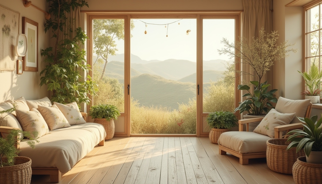 Prompt: Serene meadow-inspired interior, warm beige walls, wooden floorboards, minimalist furniture, natural textiles, woven baskets, wildflower-patterned throw pillows, soft greenery, lush potted plants, delicate vines crawling up the walls, large windows framing a panoramic view of rolling hills, gentle afternoon sunlight casting a warm glow, 3/4 composition, shallow depth of field, cozy atmosphere, peaceful ambiance, nature-inspired decorative accents, organic shapes, earthy tones.