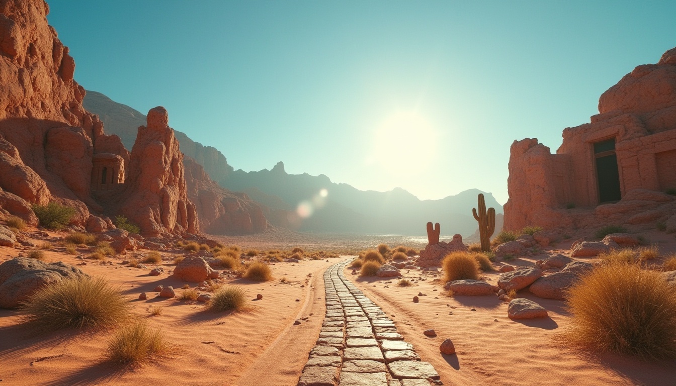 Prompt: Desert landscape, sandy dunes, vast expanse, scorching sun, clear blue sky, rocky formations, cacti, succulents, worn stone pathways, abandoned ruins, ancient architecture, weathered wood, rusty metal, cracked earth, mirage effect, warm color palette, cinematic composition, low angle shot, dramatic lighting, harsh shadows.