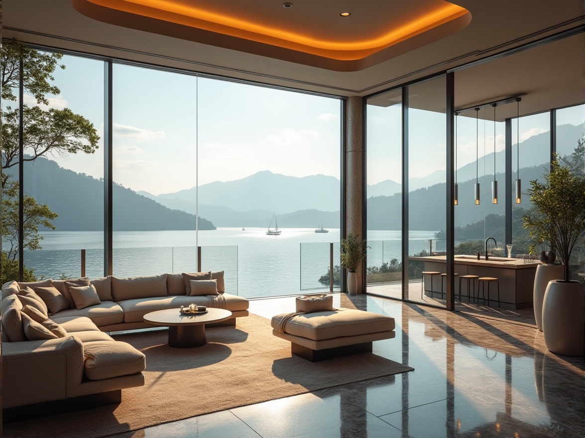 Prompt: Lakefront penthouse, streamline moderne style, luxurious interior, floor-to-ceiling windows, panoramic views of lake, modern minimalist furniture, sleek lines, marble flooring, high ceilings, pendant lighting, lavish decor, lavish textiles, wealthy atmosphere, afternoon sunlight, subtle reflections on glass surfaces, calm water, distant sailboats, surrounding hills, misty mountains in the background, warm and cozy ambient light, cinematic composition, 3/4 shot, HDR.